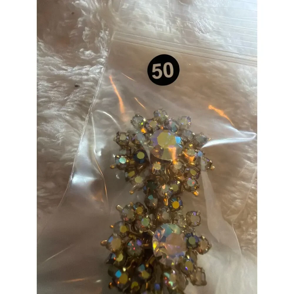 Vintage AB Rhinestone Clip On Earrings Aurora Borealis Starburst Gold Tone Round